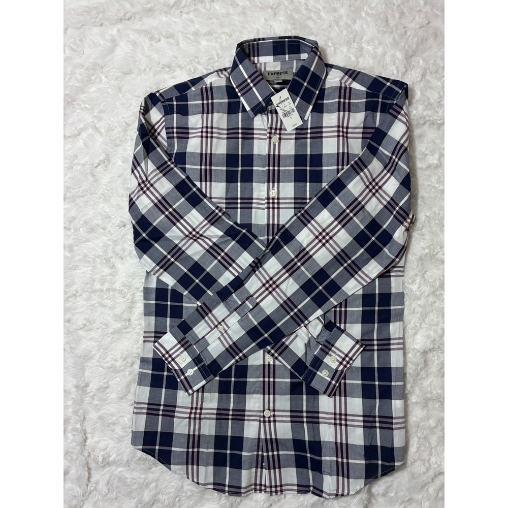 Express Men Slim Fit Plaid Button Down Shirt Navy Burgundy White Small NWT $60
